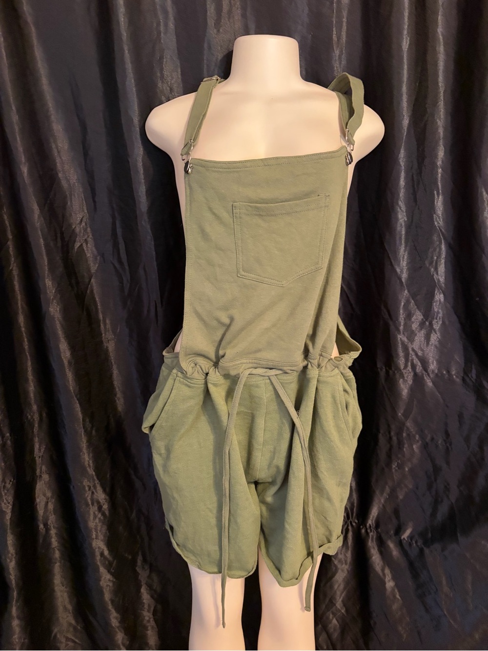 Rouge! Olive Green Cotton Drawstring Short Overalls Romper